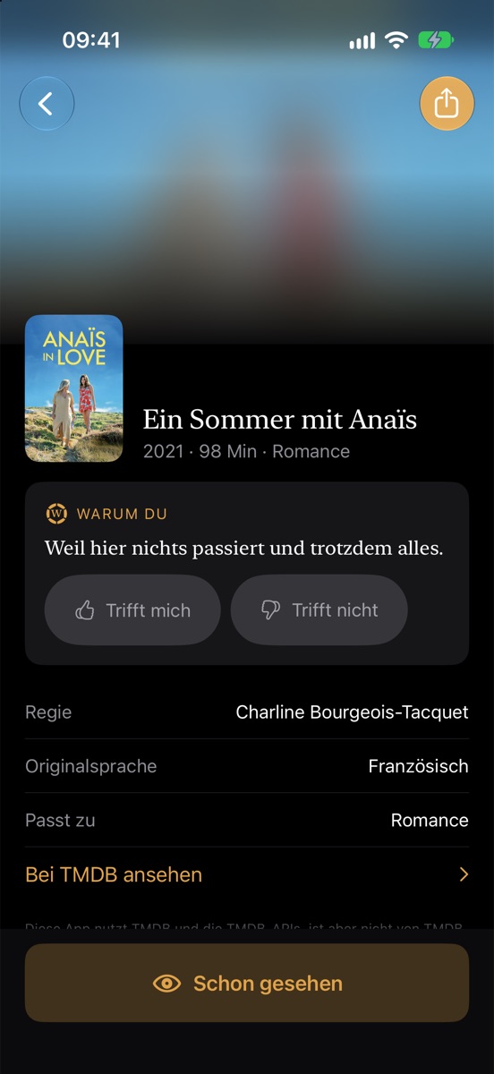 Filmdetail mit Wilhelms Begründung und Streaming-Diensten