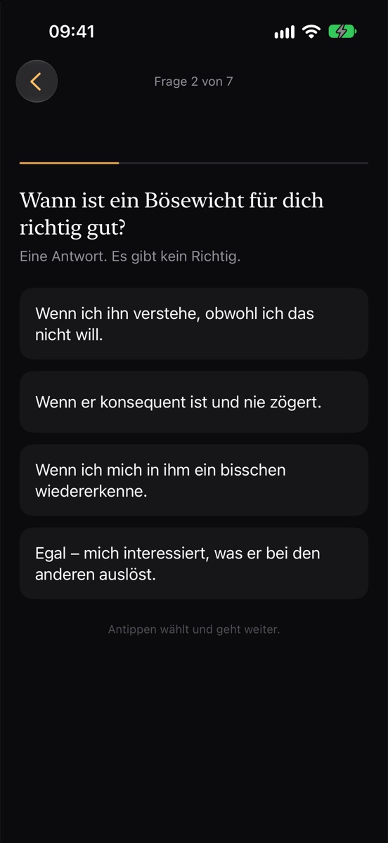 Eine der sieben Fragen mit vier Antwortkarten