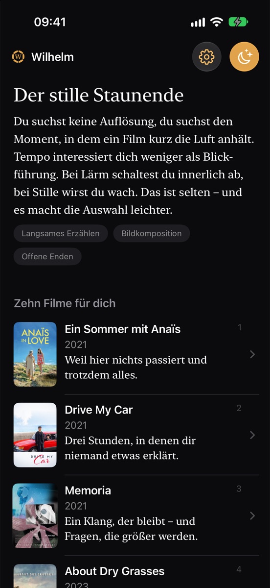 Wilhelm zeigt zehn Filme für heute Abend, jeder mit einem Satz Begründung